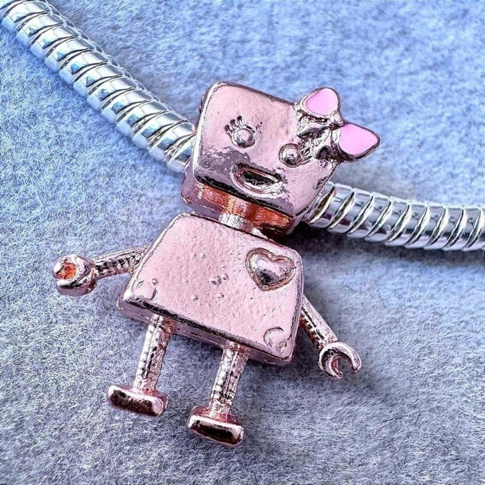 Bella Bot Rose Gold Pink Bow Robot Charm fits PANDORA
